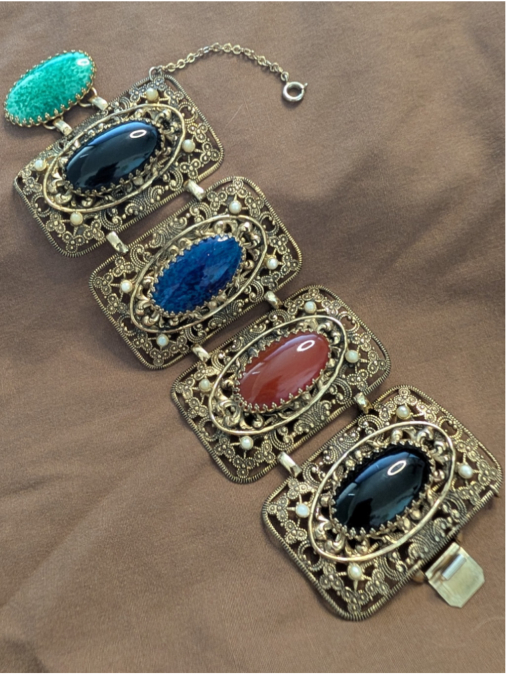 Vintage MARINO 1950s 60s Glass Cabochon Etruscan Revival Panel Bracelet